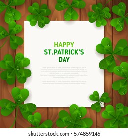 Saint Patrick's Day Banner with Green Four and Tree Leaf Clovers on Brown Wood with Square Frame. Vector illustration. Party Invitation, Typographic Template. Irish Pub Menu Design. 