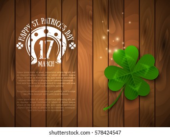 Saint Patrick's Day Banner with Green Four Leaf Clover on Wood. Vector illustration. Party Invitation Design, Chalk Emblem. Irish Pub Menu Typographic Template. 