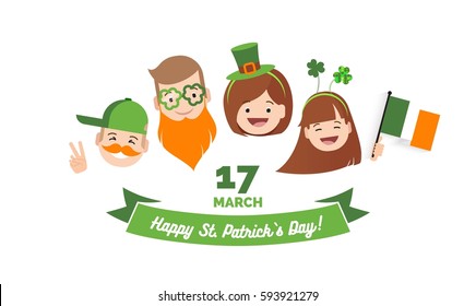 Saint Patrick`s day banner. Happy family with  different holiday symbols celebrating St. Patrick's Day, smiling. Holiday and celebration concept. Vector illustration 