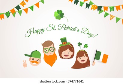 Saint Patrick`s day banner. Happy family with  different holiday symbols celebrating St. Patrick's Day, smiling. Holiday and celebration concept. Vector illustration 