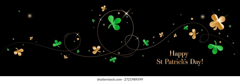 Anuncio del día de San Patricio, cabecera y arte decorativo festivo con líneas doradas, tréboles, monedas y parpadeos. Diseño gráfico de Vector de vacaciones nacionales irlandesas.