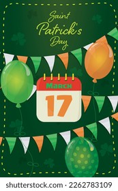 saint patricks day banner with holiday calendar, baloons, garland from flags and shamrocks leaves