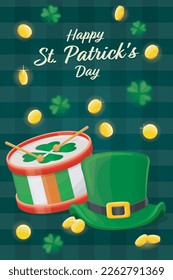 saint patricks day banner with holiday drum, patricks hat, gold coins and shamrock leaves