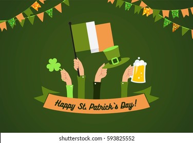 Saint Patrick`s day banner. Human hands holding clover and different holiday symbols, cheering. Holiday and celebration concept. Vector illustration 