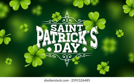 Saint Patrick's Day Banner Illustration with Falling Clovers and Typography Letter on Green Background. Irish Traditional St. Patricks Lucky Celebration Vector Design for Flyer or Greeting Card