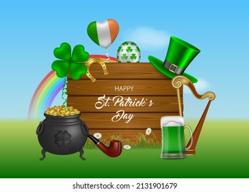 saint patrick's day banner with irish elements, balloons and wooden board