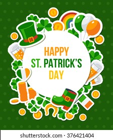 Saint Patricks Day Banner with Irish Stickers Symbols in Flat Style. Vector Illustration. Circle Frame.