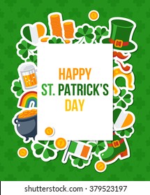 Saint Patricks Day Banner with Irish Stickers Symbols in Flat Style. Vector Illustration. 