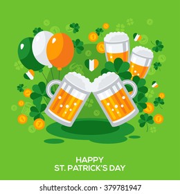 Saint Patricks Day Banner with Jug of beer, balloons, clover. Vector Illustration. 