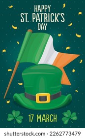 saint patricks day banner with leprechauns hat, shamrocks leaves and Ireland flag
