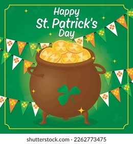 saint patricks day banner with pot full of gold coins, abstract shamrock background and garlands from little flags