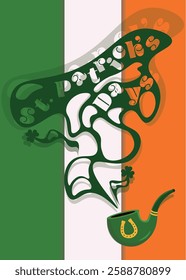 Saint Patrick's Day banner. smoking pipe with st. patricks days smoke and irish flag background. vector illustration