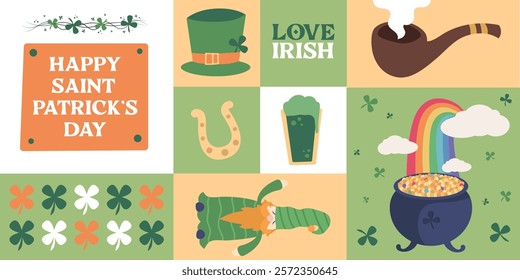 Saint Patrick's Day banner with symbols or the Irish holiday, with green hat and beer, clovers, leprechaun, smoking pipe and horseshoe in square and rectangular shapes. Vector illustration.