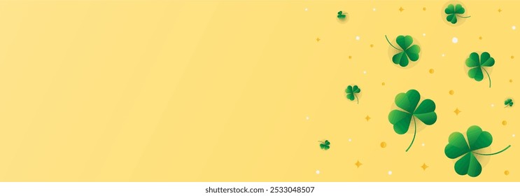 saint patricks day banner template with three leaf clover shamrock with gold coins and stars in yellow and gold background for flyers, backgrounds, posters, events (modelo de banner do dia de são patriques com trevo de três folhas com moedas de ouro e estrelas em fundo amarelo e dourado para panfletos, fundos, cartazes, eventos)