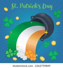 saint patricks day banner with upside down pot, coins, shamrock leaves and flag