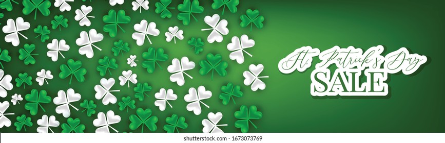 Saint Patricks Day banner, website or newsletter header with green clover leaves. Advertising template background design.Vector illustration.