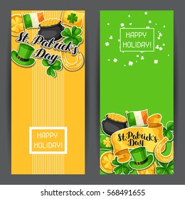 Saint Patricks Day banners. Flag Ireland, pot of gold coins, shamrocks, green hat and horseshoe.