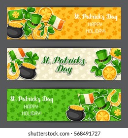 Saint Patricks Day banners. Flag Ireland, pot of gold coins, shamrocks, green hat and horseshoe.