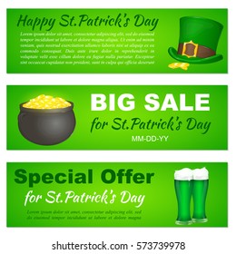 Saint Patricks Day banners with Leprechaun hat, pot and beer for greeting card, ad, promotion, poster, flier, blog, web page, header on white background in simple cartoon style. Vector illustration.