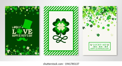 Saint Patrick's Day banners set of three sheets with four leaved greenery clover and shamrock confetti. Vector templates for invitations, greeting cards, certificates. All isolated, layered