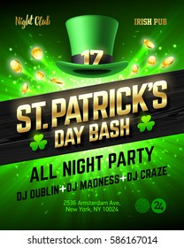 Saint Patrick's Day bash celebration poster design, 17 March all night party nightclub invitation with leprechaun hat, gold lettering, coins on bright shining green background, vector illustration. 