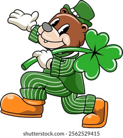 Saint Patrick's Day Bear Walking Cartoon Character in Retro Illustration