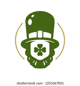 Saint Patrick's Day bearded troll lucky Irish leprechaun portrait clover face in hat vintage icon vector flat illustration. Celtic fairy tale character headdress traditional culture fortune gnome head
