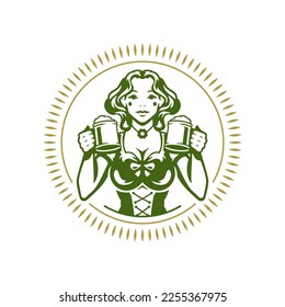 Saint Patrick's Day beauty Irish woman with beer circle bright frame vintage icon vector flat illustration. Female bar pub alcohol beverage cheers feast holiday Celtic culture round rays border