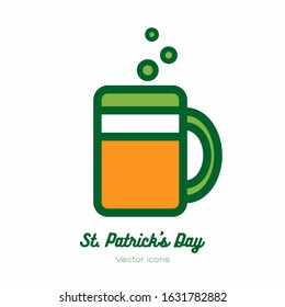 Saint Patricks Day Beer Glass, Pint Mug, Tankard Vector Icon. Orange Green Line Art Flat Icon For Logo, Sign, Button. Minimalist St Patricks Day Menu, Flyer, Poster. Isolated Patrick Beer Drinkware.