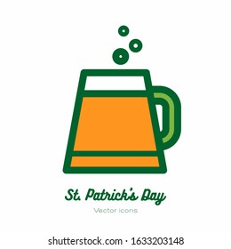 Saint Patricks day beer glass, pint mug, tankard vector icon. Orange green line art flat icon for logo, sign, button. Minimalist st Patricks day menu, flyer, poster. Isolated Patrick beer drinkware.