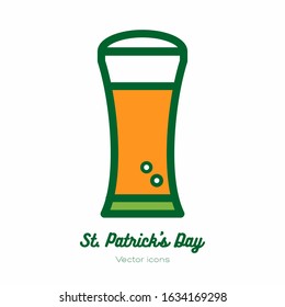Saint Patricks day beer glass, pint mug, tankard vector icon. Orange green line art flat icon for logo, sign, button. Minimalist st Patricks day menu, flyer, poster. Isolated Patrick beer drinkware.