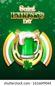 Saint Patrick's Day beer and golder horse shoe background