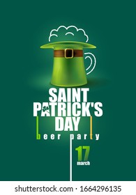 Concepto vectorial de la fiesta de San Patricio. Sombrero de leprechauns, estilizado dibujo de tiza de espuma de cerveza y tazón de cerveza. Fondo verde oscuro. Vector EPS editable