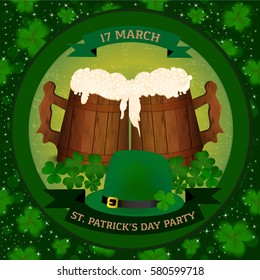 Saint Patrick's Day beer party invitation with two wooden beer mag, clover and green hat. Vector illustration.