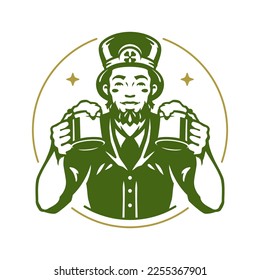Saint Patrick's Day beer pub bar Irish male cheers alcohol beverage mug vintage icon vector flat illustration. Celtic man leprechaun in clover hat with ale malt lucky magic golden circle frame