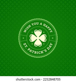 Saint Patrick's Day best wishes green vintage greeting card typography template vector illustration. Holiday lucky clover circle seal label Irish culture festive celebration floral ornament design