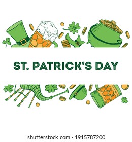 Saint Patrick's Day border frame design template. Beer, shamrocks, hats, coins. Hand drawn vector sketch illustration