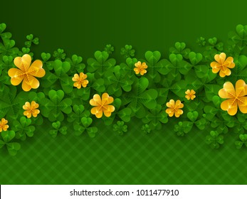 Saint Patrick's Day Border with Gold, Four and Tree Leaf Clovers on Green Background. Vector illustration.