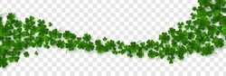 Saint Patrick's Day Border. Green Flying Clover Leaves Isolated On Transparent Background. Vector Illustration. Spring Decoration Frame Design