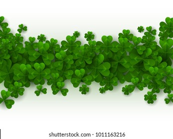 Saint Patrick's Day Border with Green Four and Tree Leaf Clovers on White Background. Vector illustration.