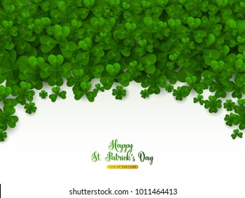 Saint Patrick's Day Border with Green Four and Tree Leaf Clovers on White Background. Vector illustration. Party Invitation Design, Typographic Template. Lucky and success symbols