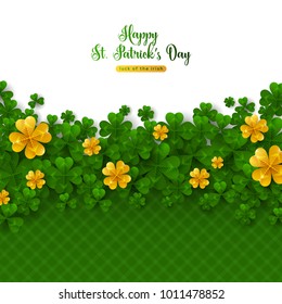 Saint Patrick's Day Border with Green and Gold, Four and Tree Leaf Clovers. Vector illustration. Place for text