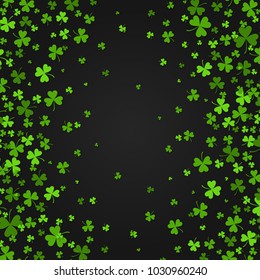 Saint Patrick's Day border with green four and tree leaf clovers on black background. Vector illustration. Party invitation design, typographic template. Lucky and success symbols