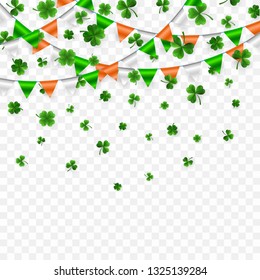 Saint Patrick's Day Border with Green Four and Tree 3D Leaf Clovers with Flags Garland on White Background. Irish Lucky and success symbols. Vector illustration.