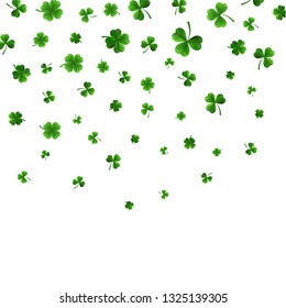 Saint Patrick's Day Border with Green Four and Tree 3D Leaf Clovers on White Background. Irish Lucky and success symbols. Vector illustration.