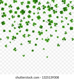 Saint Patrick's Day Border with Green Four and Tree 3D Leaf Clovers on White Background. Irish Lucky and success symbols. Vector illustration.