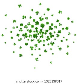 Saint Patrick's Day Border with Green Four and Tree 3D Leaf Clovers on White Background. Irish Lucky and success symbols. Vector illustration.