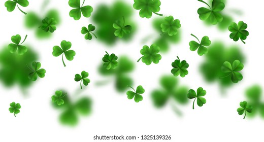 Saint Patrick's Day Border with Green Four and Tree 3D Leaf Clovers on White Background. Irish Lucky and success symbols. Vector illustration.