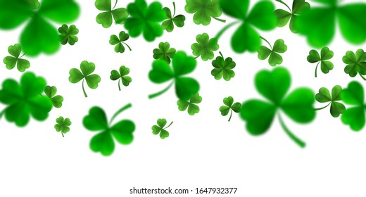 Saint Patrick's Day Border with Green Four and Tree 3D Leaf Clovers on White Background. Irish Lucky and success symbols. Vector illustration.