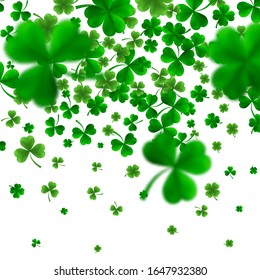 Saint Patrick's Day Border with Green Four and Tree 3D Leaf Clovers on White Background. Irish Lucky and success symbols. Vector illustration.